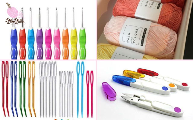 Bật mí chart móc hoa 5 cánh, hoa bắp ai cũng làm được 2 Nguyên liệu móc hoa 5 cánh bằng len cần có là kim móc, len milk, kéo và dụng cụ đánh dấu mũi móc