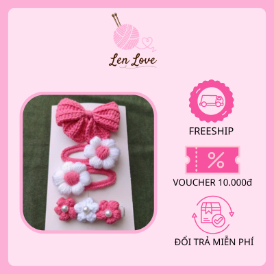 Set Phụ Kiện Tóc Len Handmade Bé Gái | Nơ Len & Dây Buộc Tóc Hoa | Len Love
